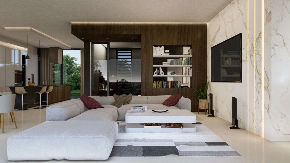 luksuzni dnevni boravak s bijelim modernim kutnim kaucem i bijelim stolom